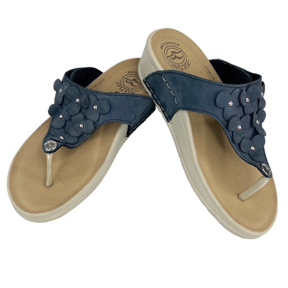 FLY FLOT Blue Suede Flower Sandals Flip Flops 39 Wedge 1.75" Heel Adjustable